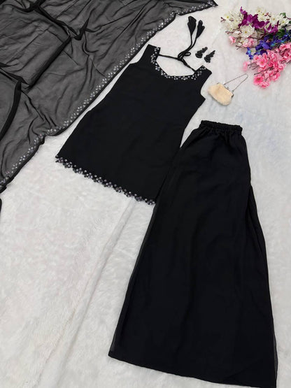 Wedding Wear Black Color Georgette Kurta With Real Mirror Work Palazzo Suit