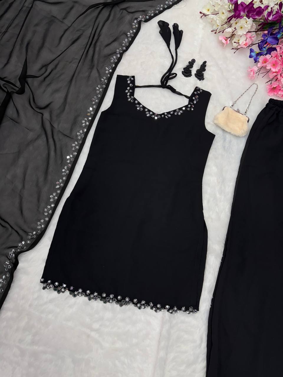 Wedding Wear Black Color Georgette Kurta With Real Mirror Work Palazzo Suit
