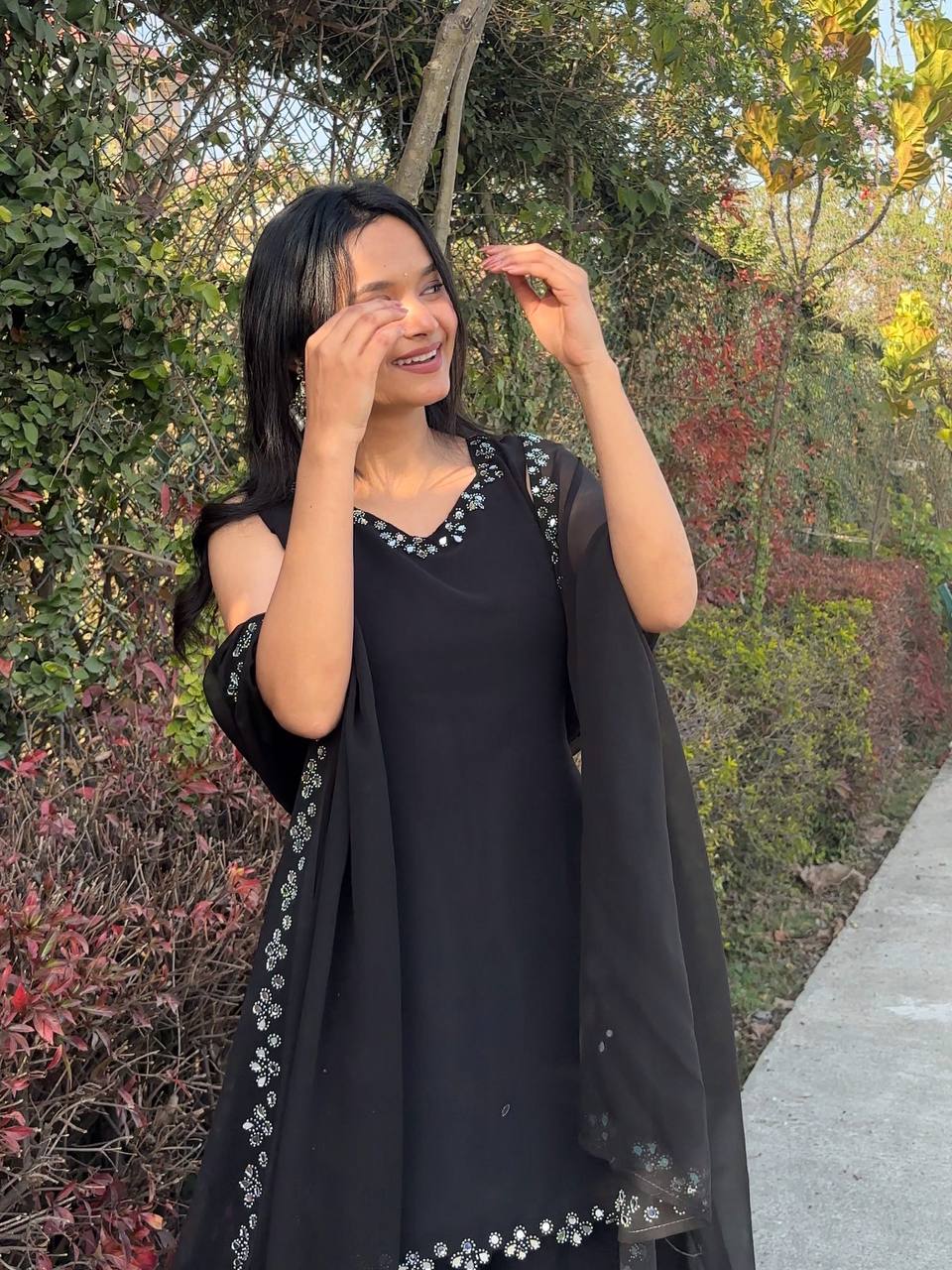 Wedding Wear Black Color Georgette Kurta With Real Mirror Work Palazzo Suit
