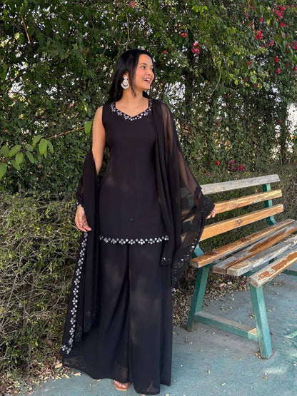 Wedding Wear Black Color Georgette Kurta With Real Mirror Work Palazzo Suit