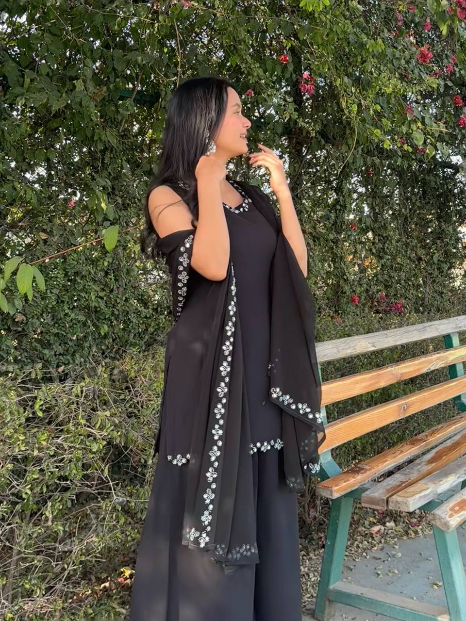 Wedding Wear Black Color Georgette Kurta With Real Mirror Work Palazzo Suit