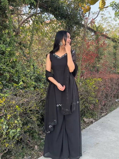 Wedding Wear Black Color Georgette Kurta With Real Mirror Work Palazzo Suit