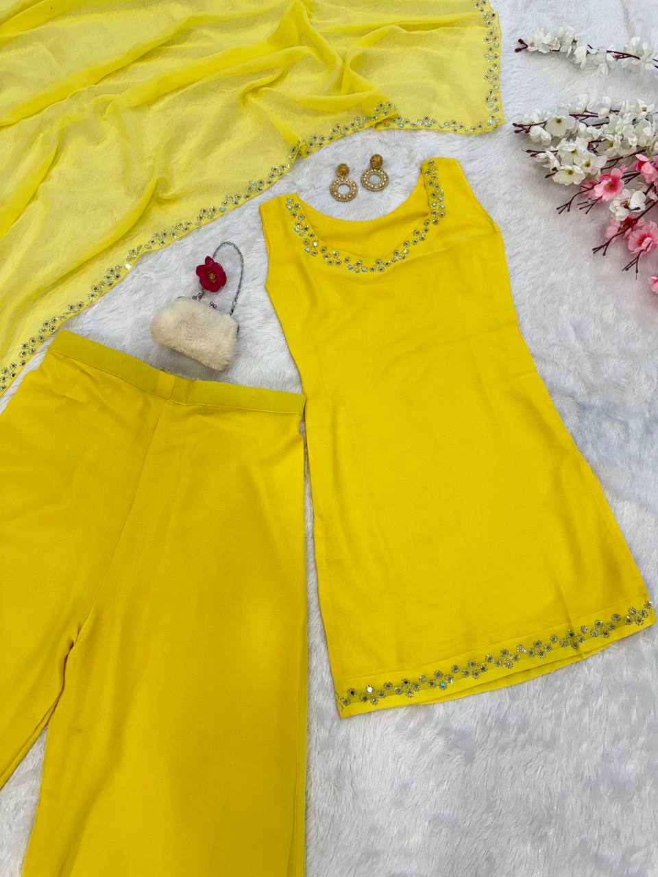 Haldi Wear Yellow Color Georgette Kurta With Real Mirror Work Palazzo Suit