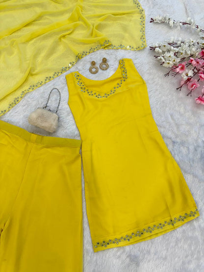 Haldi Wear Yellow Color Georgette Kurta With Real Mirror Work Palazzo Suit