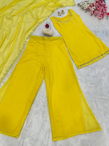 Haldi Wear Yellow Color Georgette Kurta With Real Mirror Work Palazzo Suit