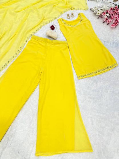 Haldi Wear Yellow Color Georgette Kurta With Real Mirror Work Palazzo Suit