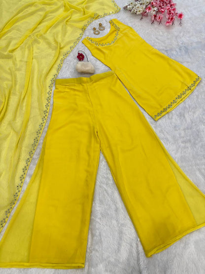 Haldi Wear Yellow Color Georgette Kurta With Real Mirror Work Palazzo Suit