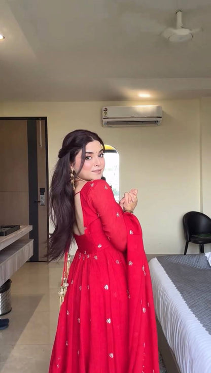 Neha's Red Color Faux Georgette Anarkali Gown Set