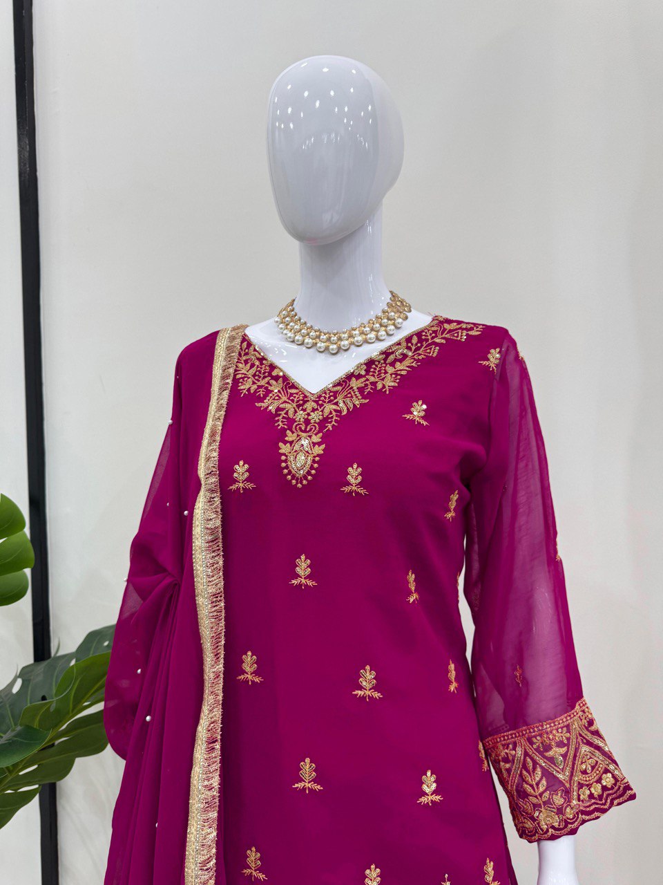 Party Wear Wine Color Faux Georgette And Thread With Sequence Work Palazzo Suit