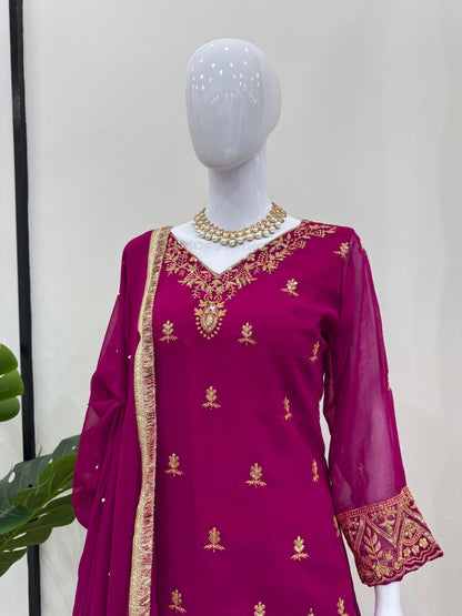Party Wear Wine Color Faux Georgette And Thread With Sequence Work Palazzo Suit