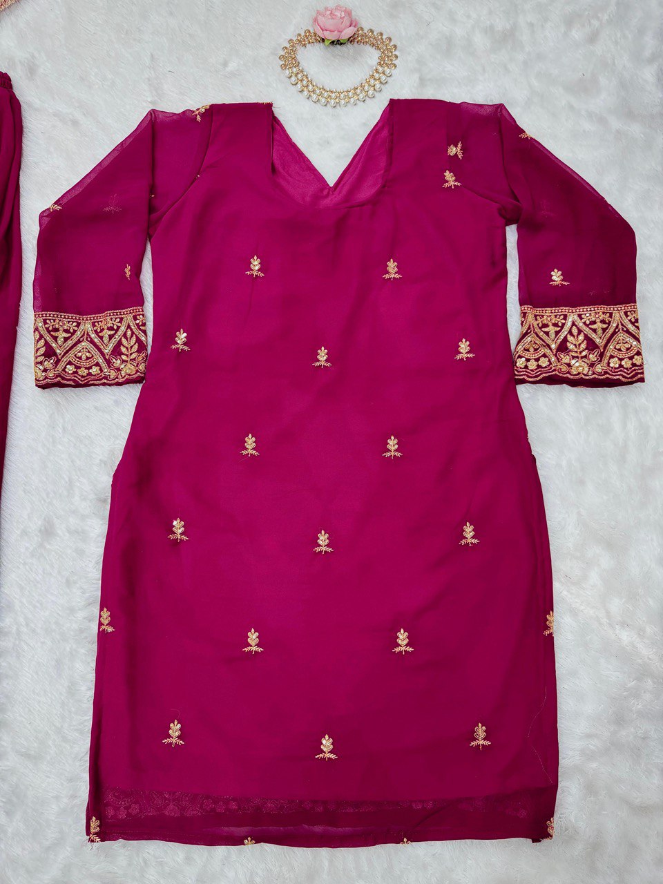 Party Wear Wine Color Faux Georgette And Thread With Sequence Work Palazzo Suit