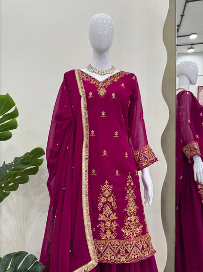 Party Wear Wine Color Faux Georgette And Thread With Sequence Work Palazzo Suit