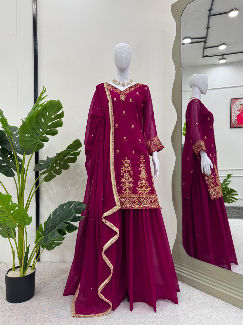 Party Wear Wine Color Faux Georgette And Thread With Sequence Work Palazzo Suit