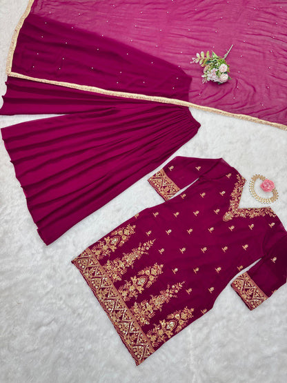 Party Wear Wine Color Faux Georgette And Thread With Sequence Work Palazzo Suit