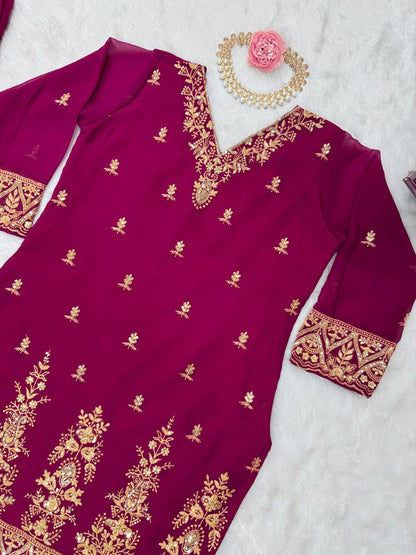 Party Wear Wine Color Faux Georgette And Thread With Sequence Work Palazzo Suit
