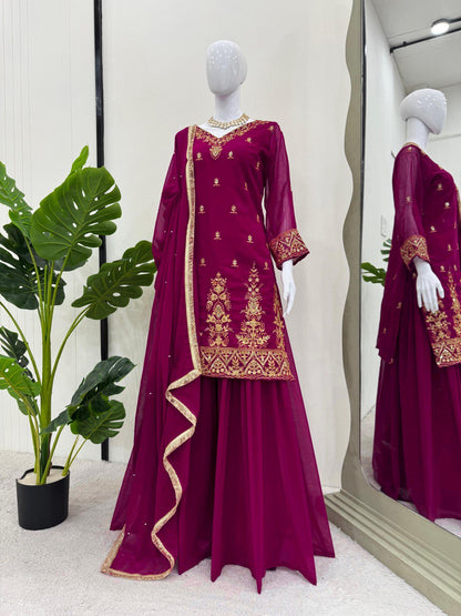 Party Wear Wine Color Faux Georgette And Thread With Sequence Work Palazzo Suit