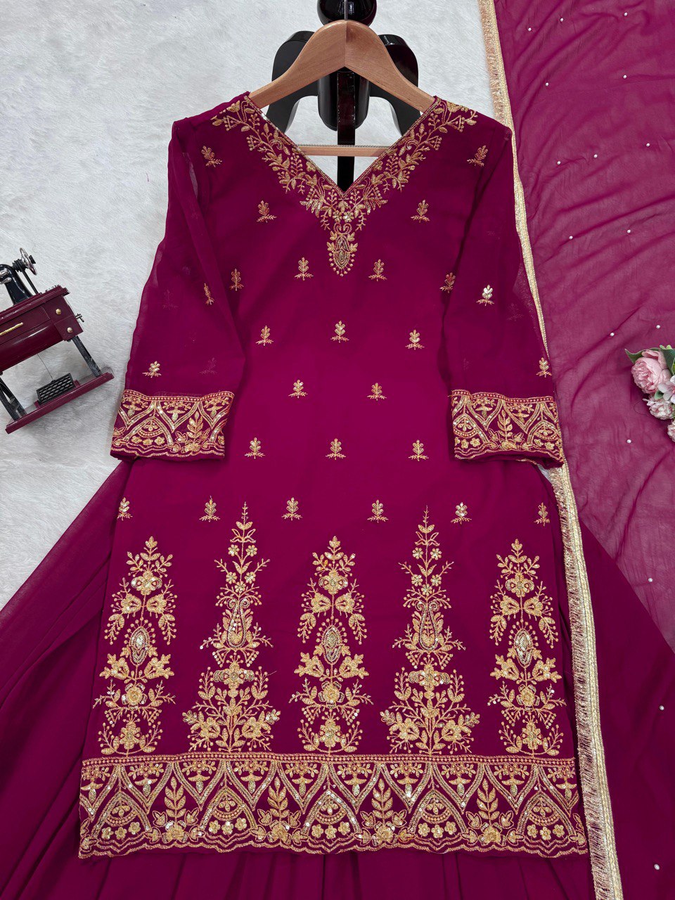Party Wear Wine Color Faux Georgette And Thread With Sequence Work Palazzo Suit