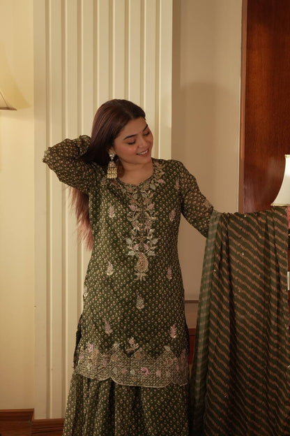 Alluring Green Color Embroidered Diamond Work Sharara Suit