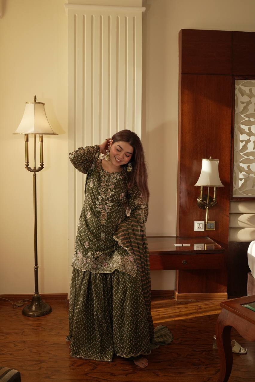 Alluring Green Color Embroidered Diamond Work Sharara Suit