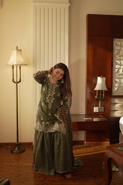 Alluring Green Color Embroidered Diamond Work Sharara Suit