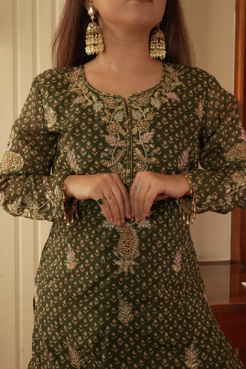 Alluring Green Color Embroidered Diamond Work Sharara Suit