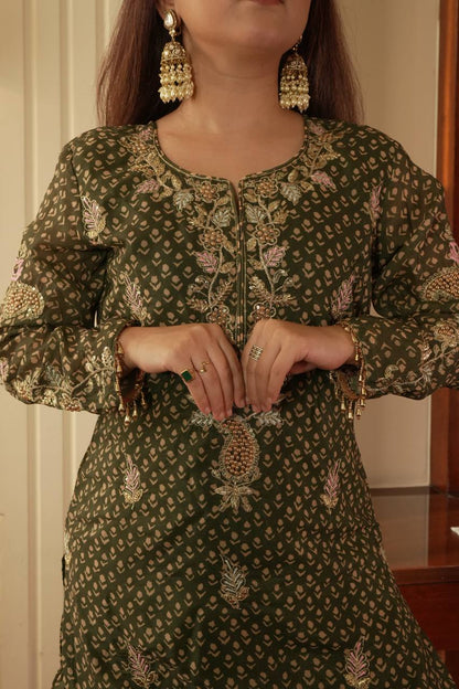 Alluring Green Color Embroidered Diamond Work Sharara Suit