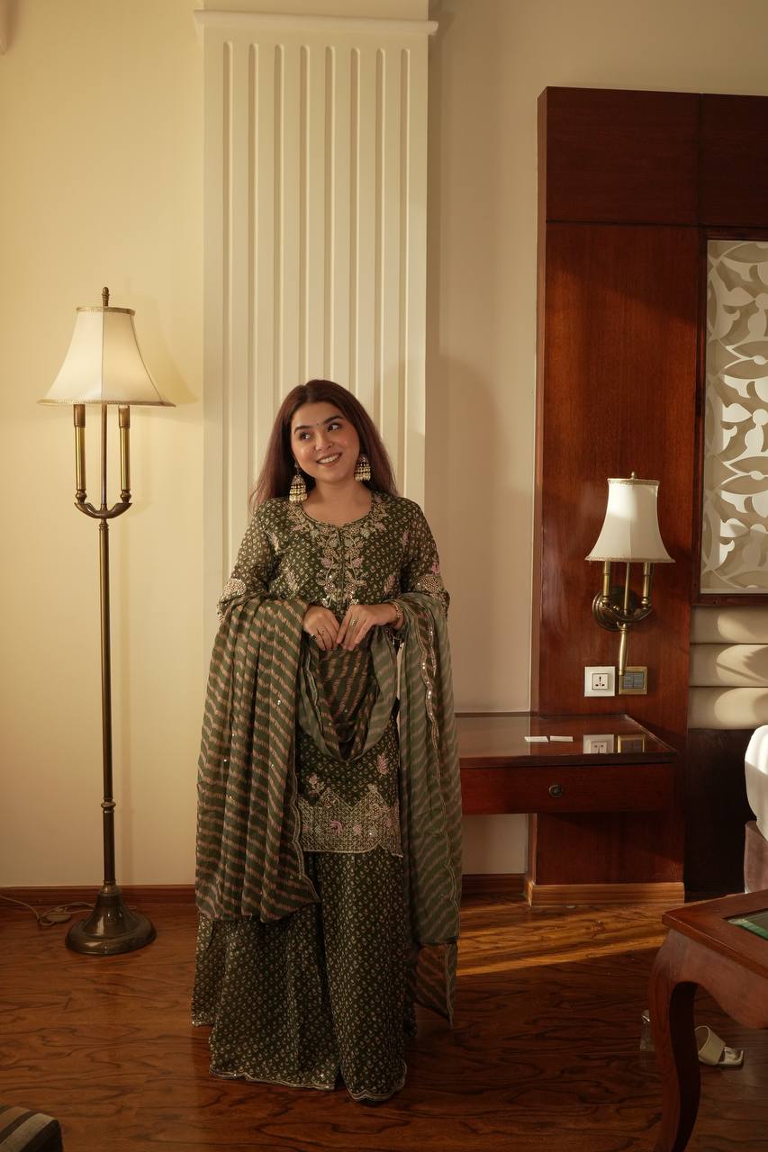 Alluring Green Color Embroidered Diamond Work Sharara Suit