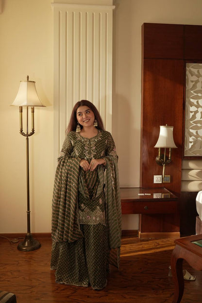 Alluring Green Color Embroidered Diamond Work Sharara Suit