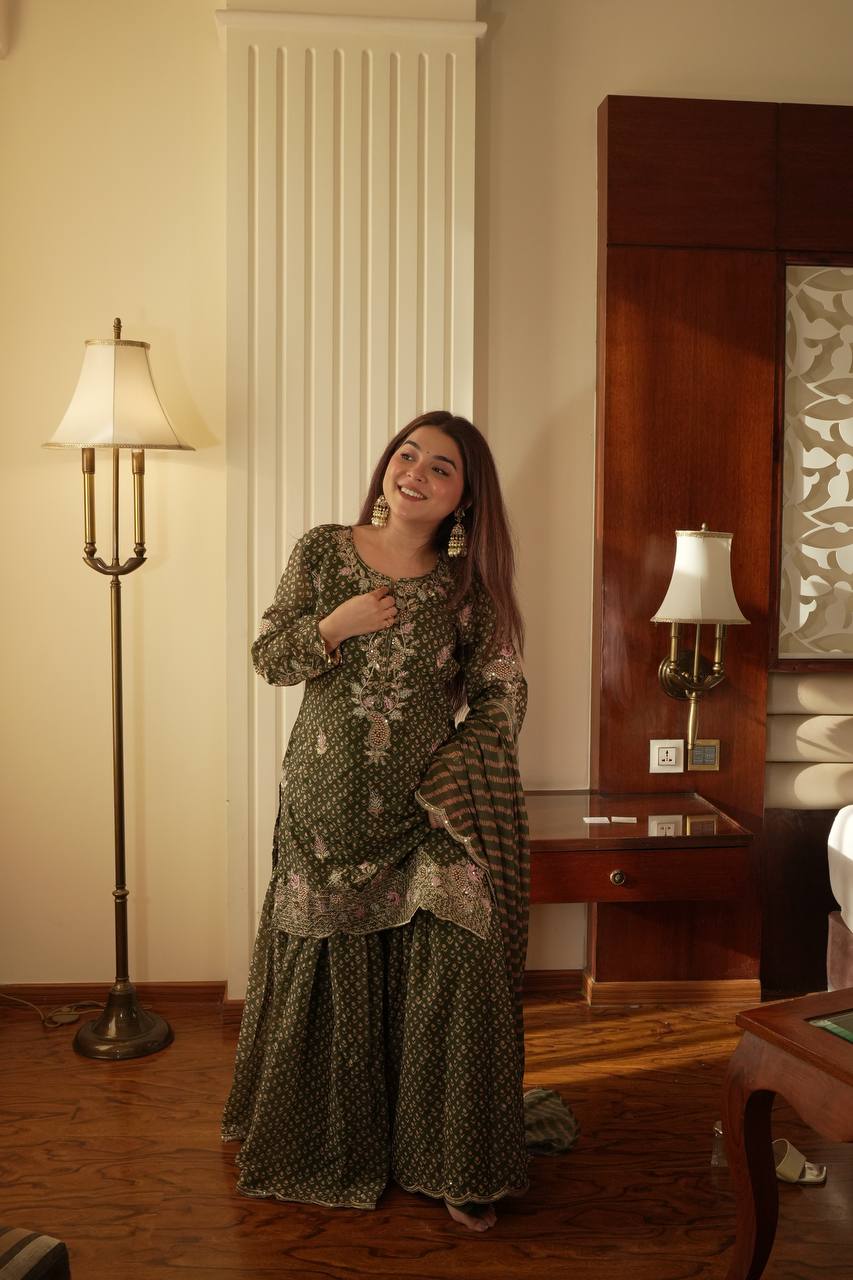 Alluring Green Color Embroidered Diamond Work Sharara Suit