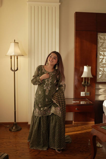 Alluring Green Color Embroidered Diamond Work Sharara Suit