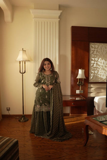 Alluring Green Color Embroidered Diamond Work Sharara Suit