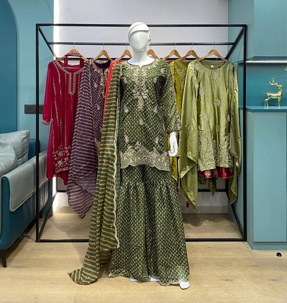 Alluring Green Color Embroidered Diamond Work Sharara Suit