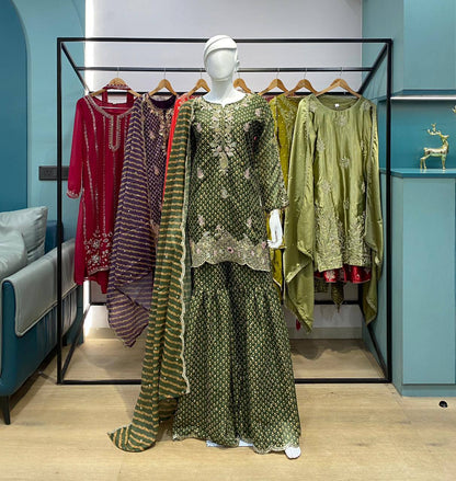 Alluring Green Color Embroidered Diamond Work Sharara Suit