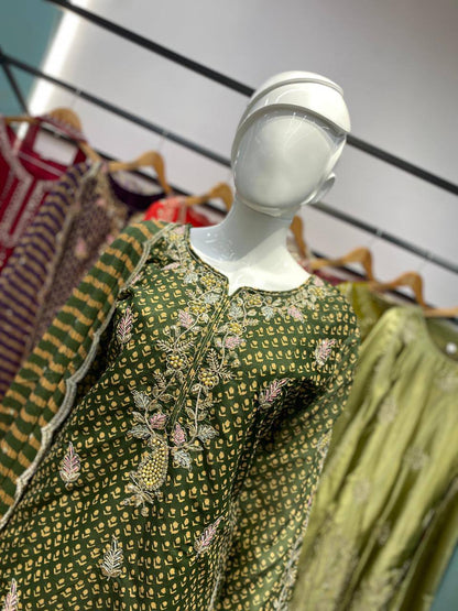 Alluring Green Color Embroidered Diamond Work Sharara Suit