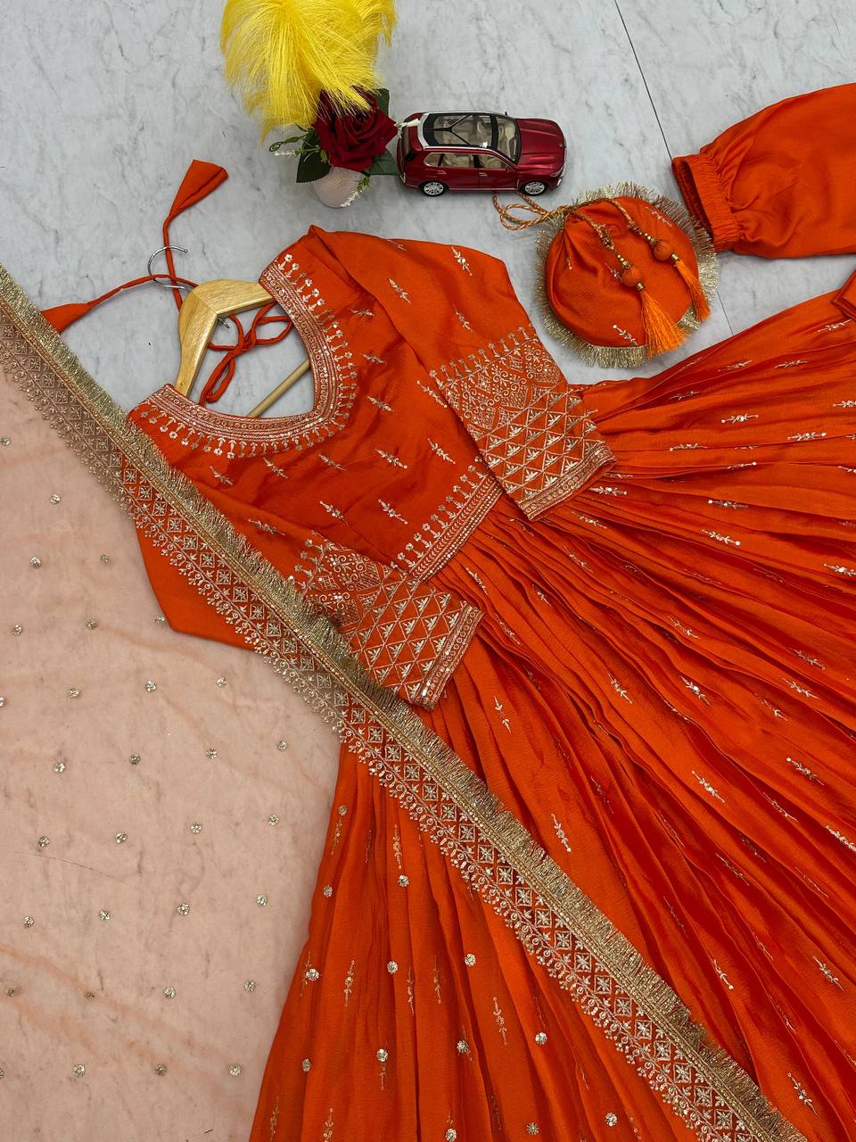 Admiring Orange Color Heavy Pure Chinon Silk  Embroidery Sequence Work Gown