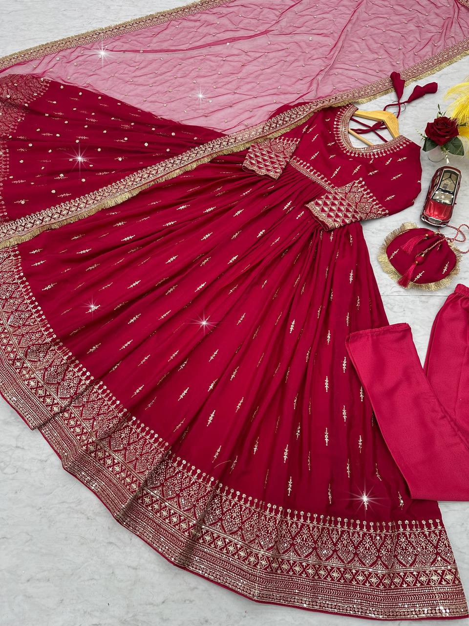 Admiring Pink Color Heavy Pure Chinon Silk Embroidery Sequence Work Gown
