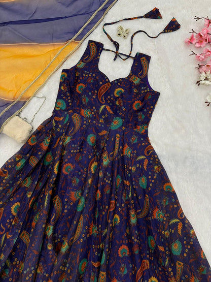 Function Wear Navy Blue Color Digital Printed Jimmy Organza Silk Anarkali Gown