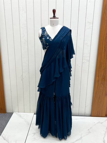 Function Wear Teal Blue Color Pure Fox Georgette Fabric,Fancy Work Ready To Wear Saree