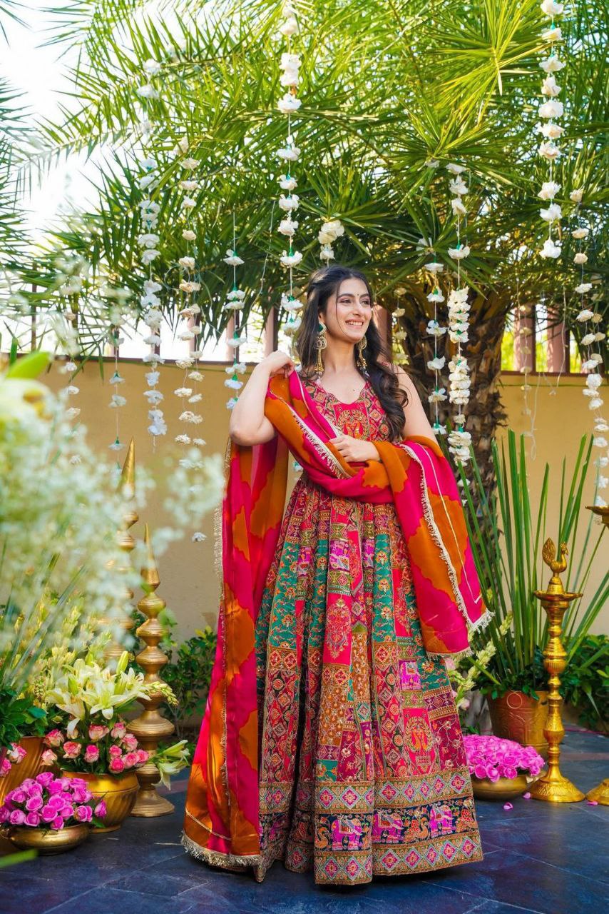 Wedding Wear Red Multi Color Digital Printed Anarkali Gown