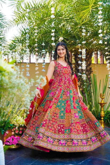Wedding Wear Red Multi Color Digital Printed Anarkali Gown