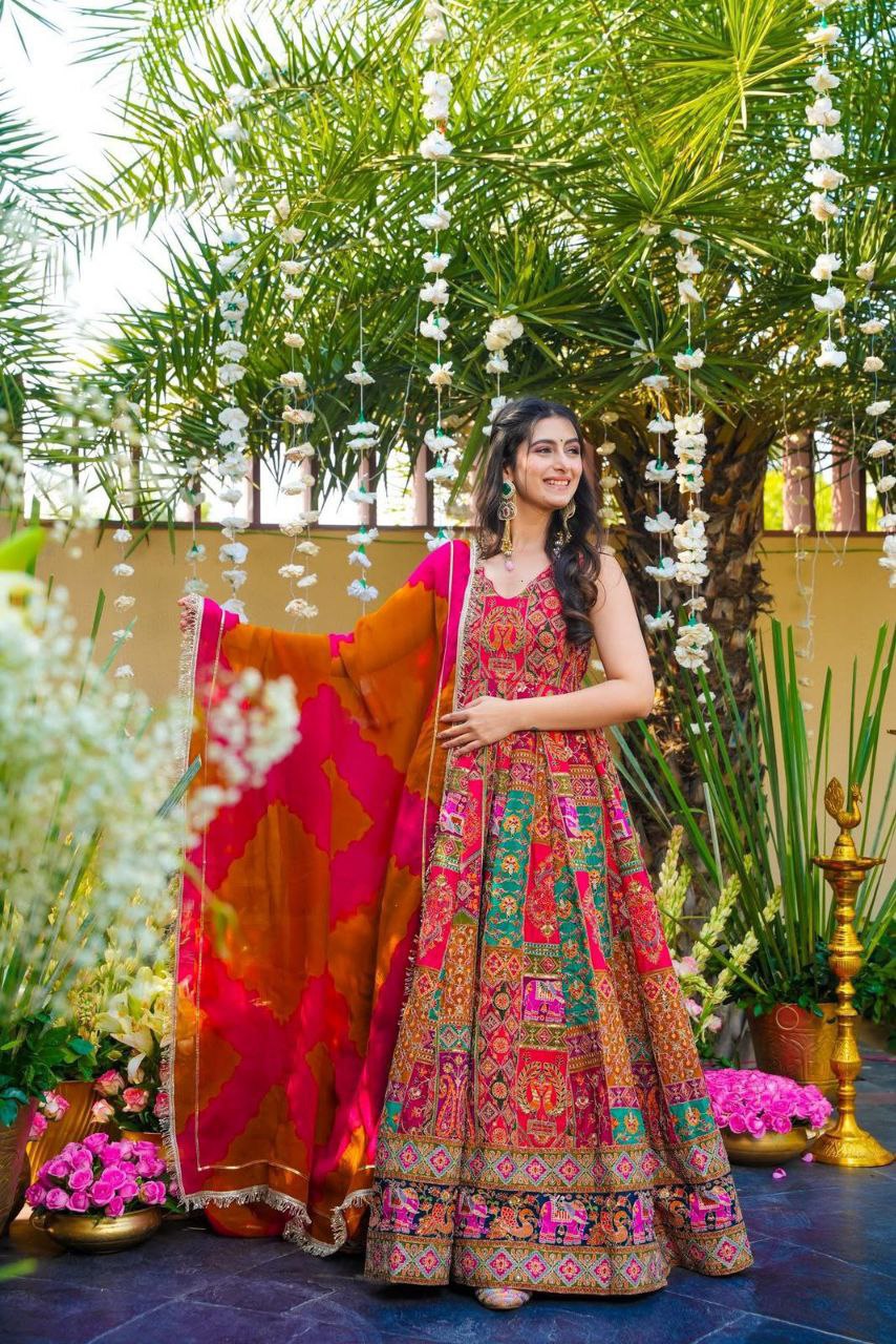 Wedding Wear Red Multi Color Digital Printed Anarkali Gown