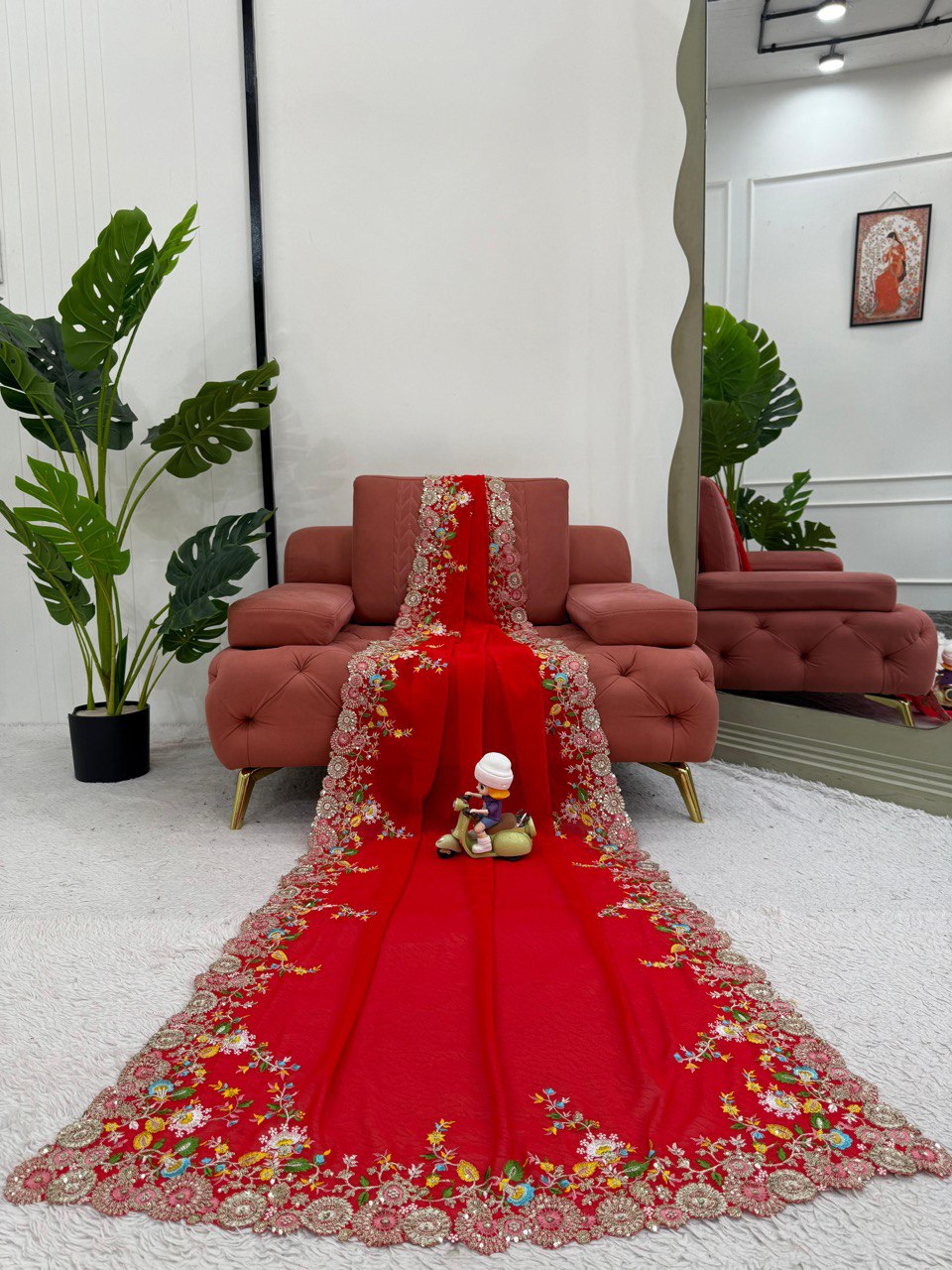 Delightful Red Color Faux Georgette Thread And Sequence Work Saree
