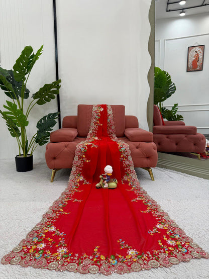 Delightful Red Color Faux Georgette Thread And Sequence Work Saree