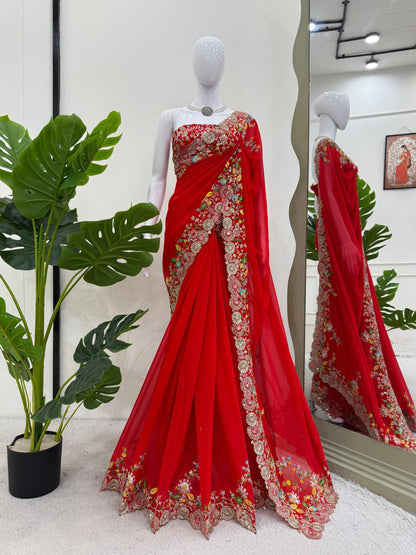 Delightful Red Color Faux Georgette Thread And Sequence Work Saree