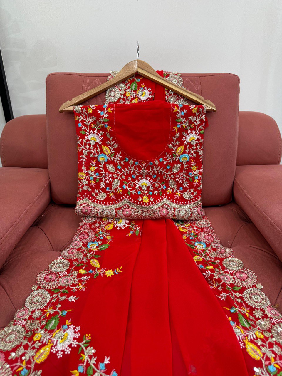 Delightful Red Color Faux Georgette Thread And Sequence Work Saree