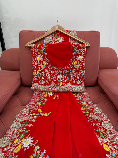 Delightful Red Color Faux Georgette Thread And Sequence Work Saree