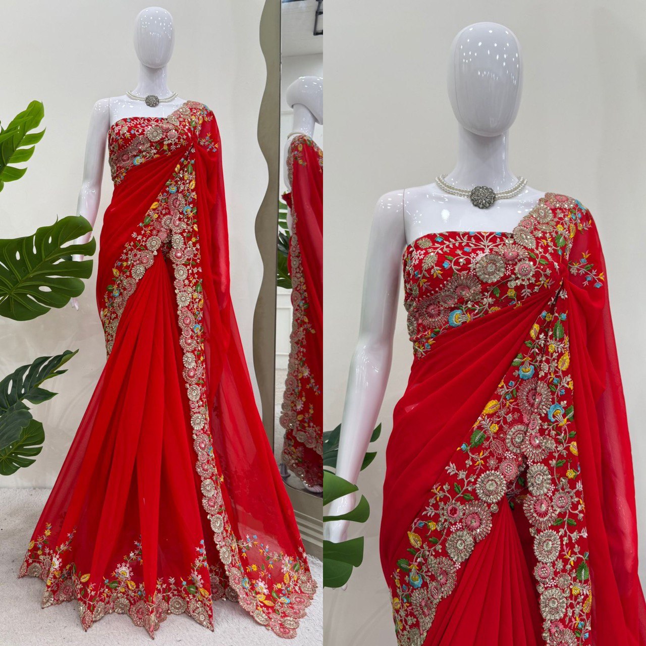 Delightful Red Color Faux Georgette Thread And Sequence Work Saree