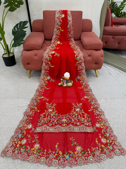 Delightful Red Color Faux Georgette Thread And Sequence Work Saree