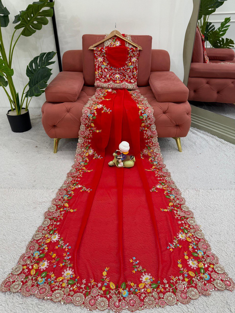 Delightful Red Color Faux Georgette Thread And Sequence Work Saree