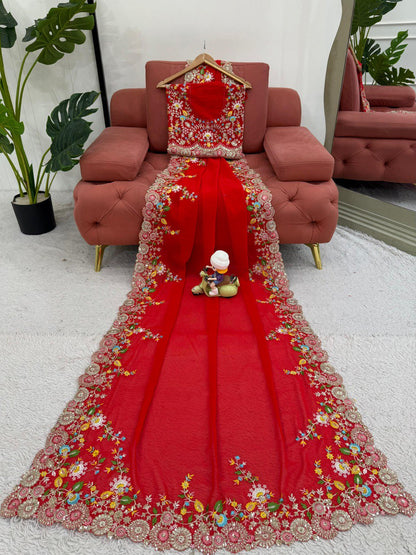 Delightful Red Color Faux Georgette Thread And Sequence Work Saree